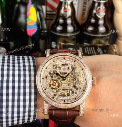 New Copy Franck Muller Round Skeleton Watch Rose Gold Brown Leather Strap